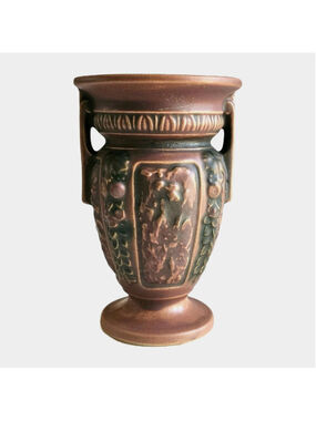 Roseville Pottery Florentine Brown Double Handled Urn Vase - 6"